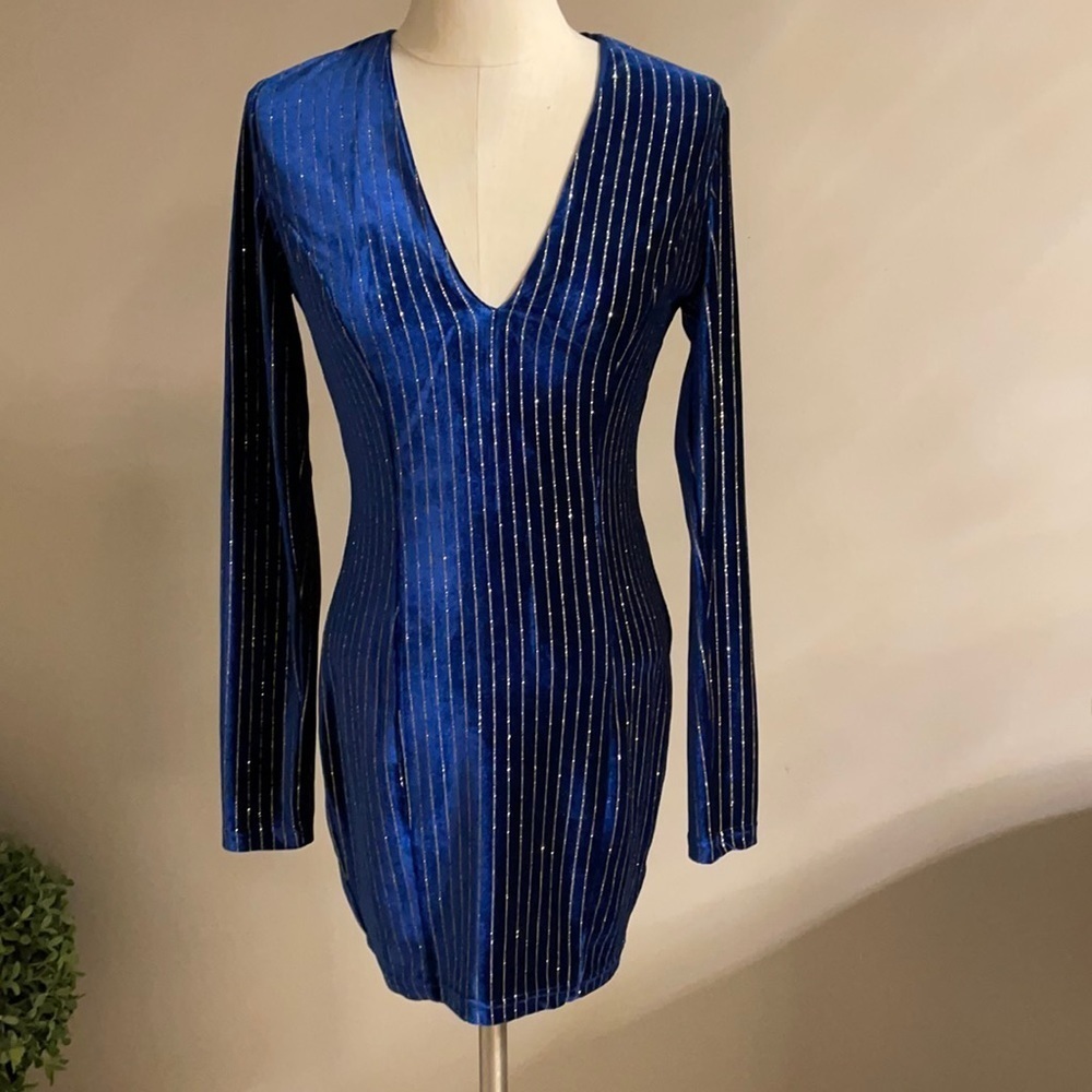 AKIRA BLUE VELVET gold stripes SPECIAL OCCASION Bodycon mini Dress long sleeve S